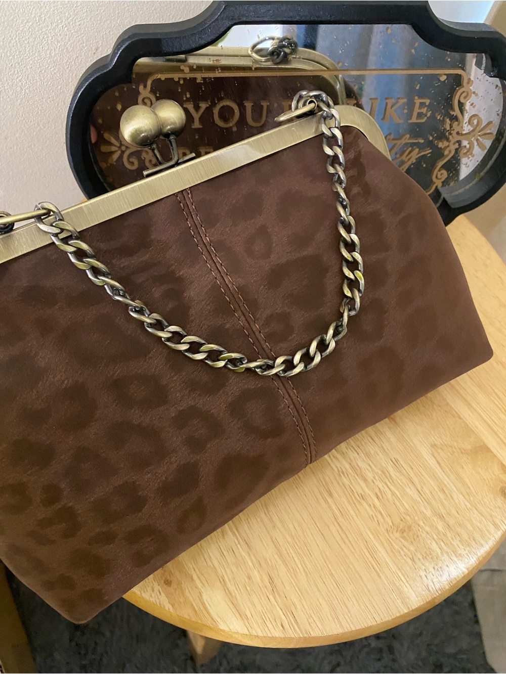 Brown Leopard-Print Frame Clutch with Chain Handle Faux Leather